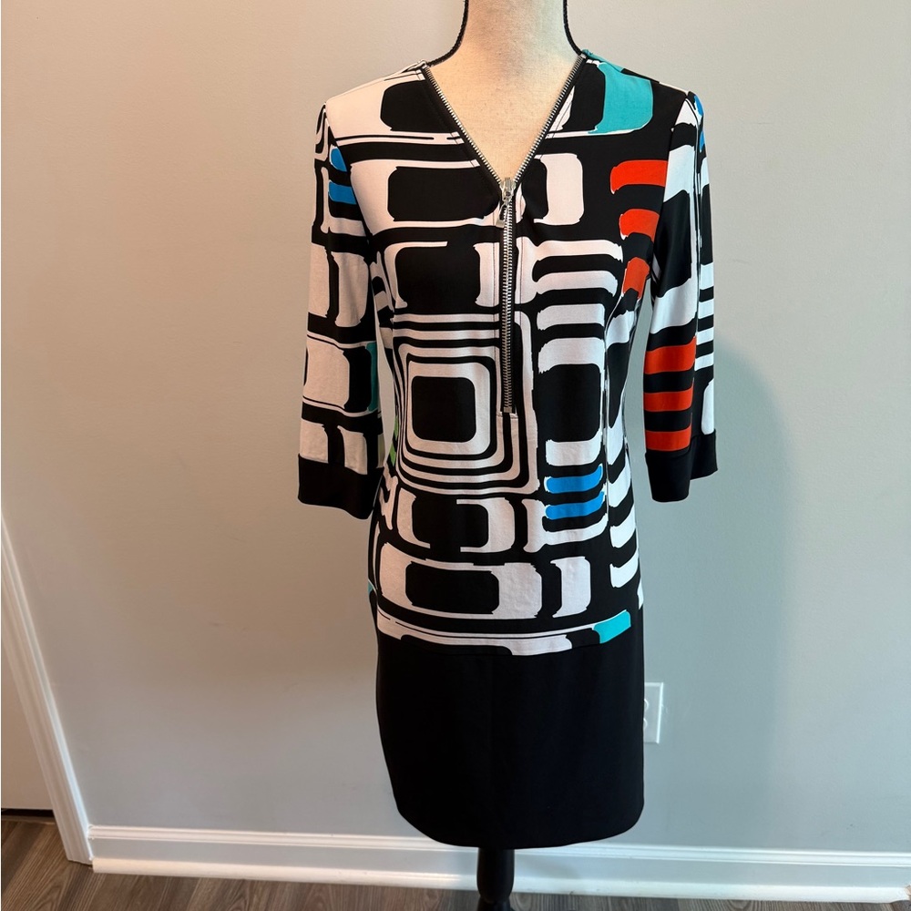 Joseph Ribkoff Zipper Front Shift Dress Geometric Print Women’s size 8